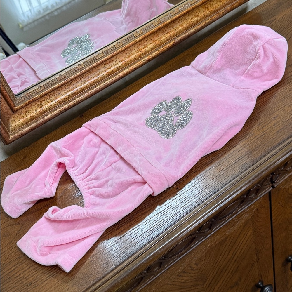 Isaac Mizrahi Pink Dog Hoodie Velour Track outfit with Glitter Paw Print. Size S